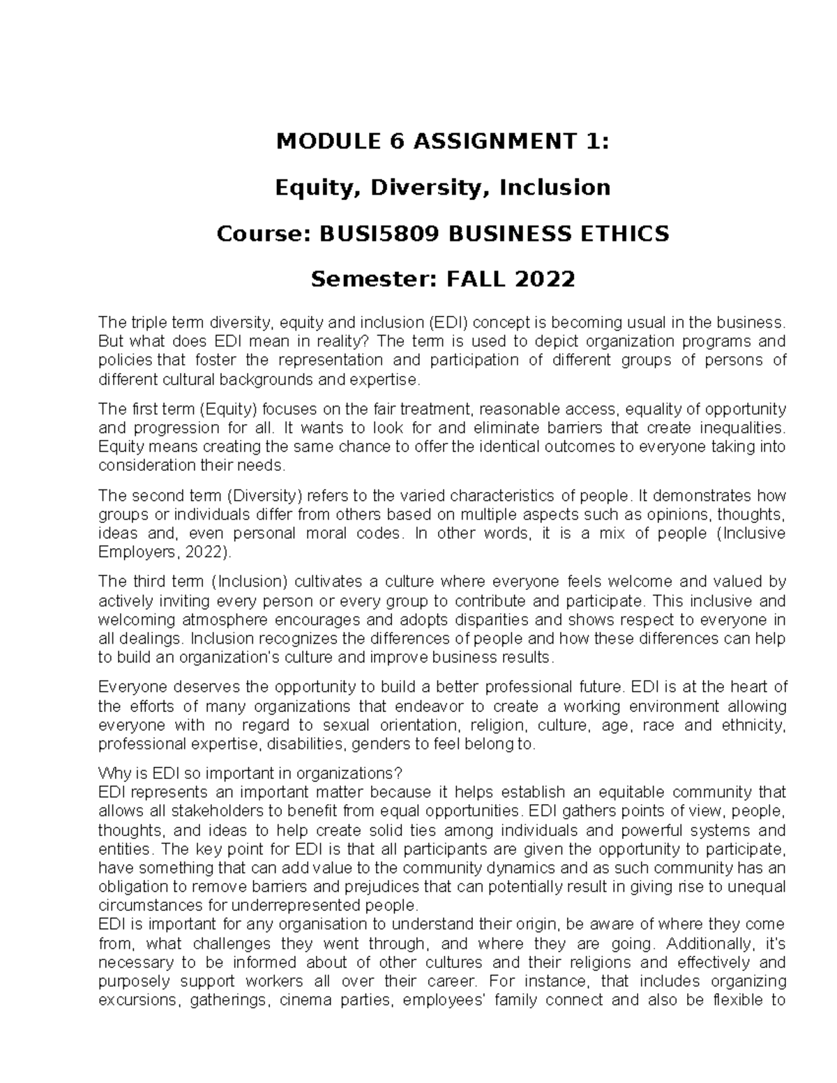 Module 6 Assignment 1 EDI - MODULE 6 ASSIGNMENT 1: Equity, Diversity ...