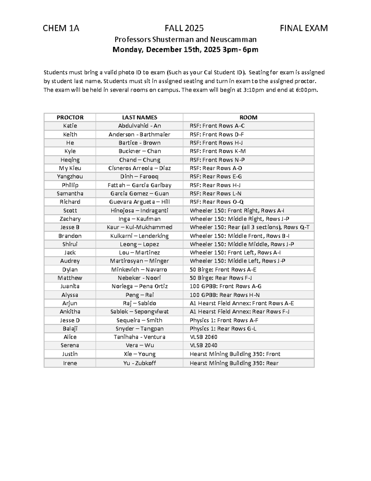 CHEM 1A FALL 2025 FINAL EXAM LOCATION DETAILS - Studocu
