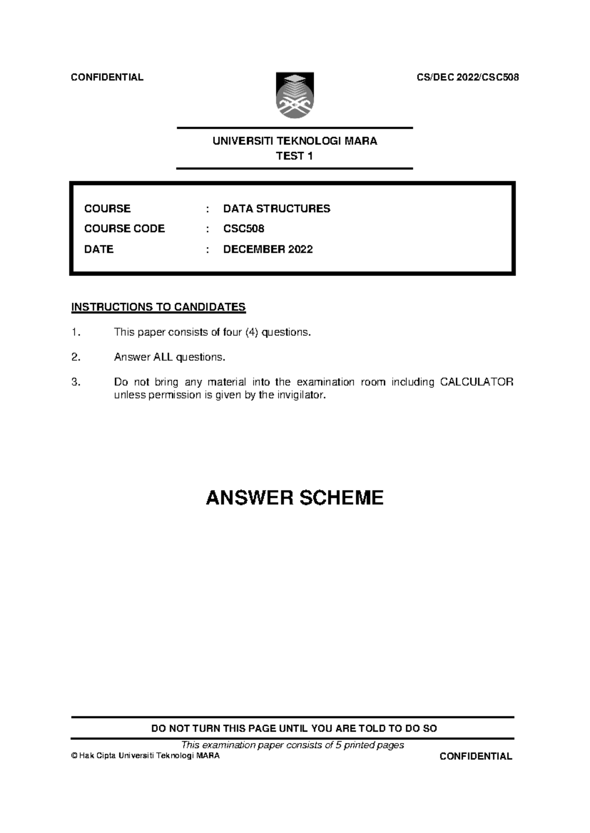 CSC508 T1 DEC2022 Answer Scheme & Solutions Overview - Studocu