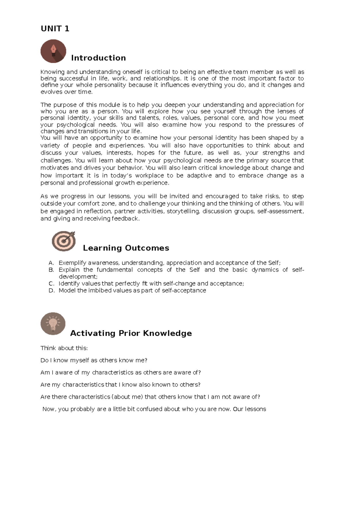 UNIT 1 Topic 1 - Understanding the Self and Personal Growth - Studocu