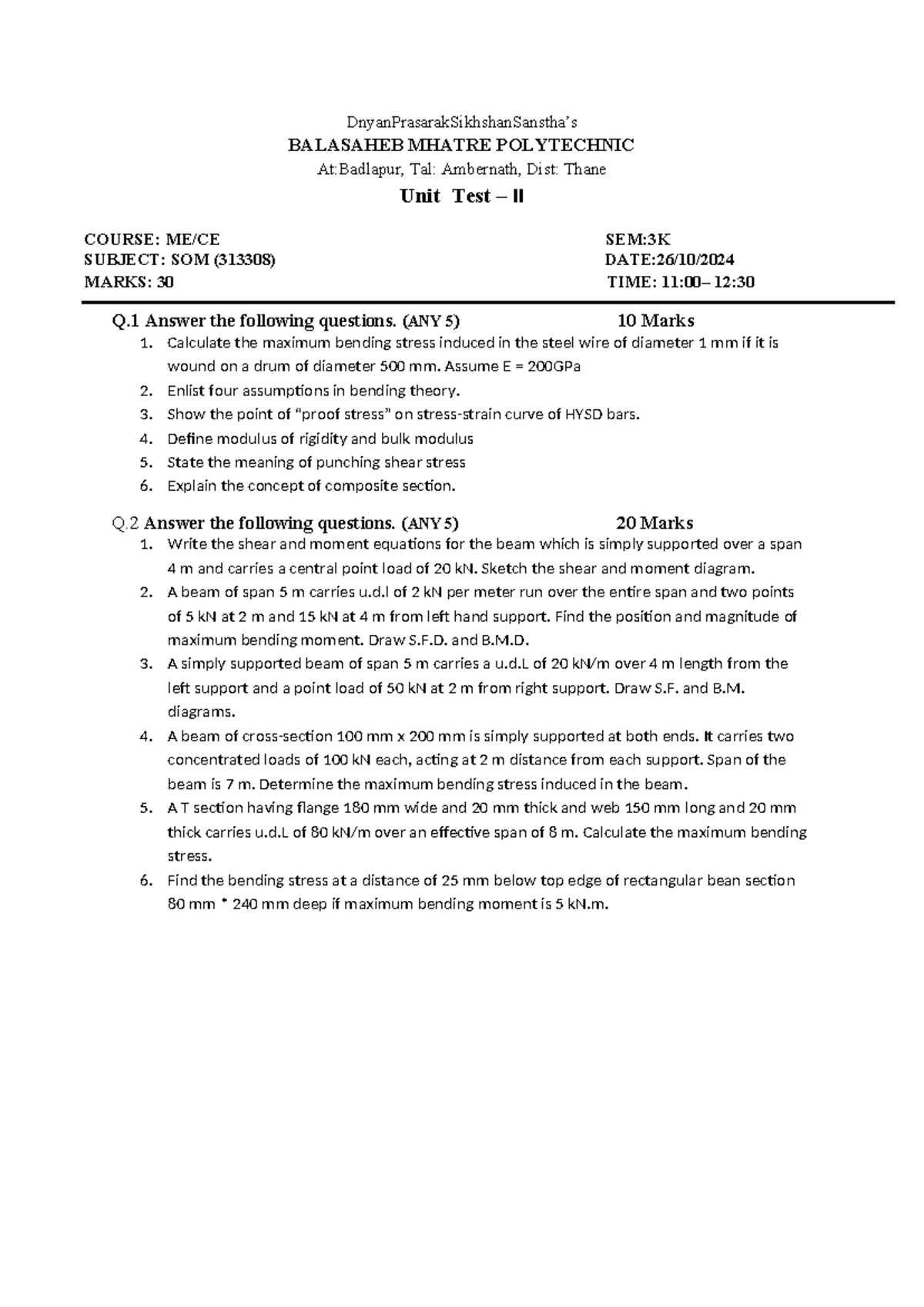 SOM (313308) Unit Test II - ME/CE Sem 3K Exam Questions - Studocu