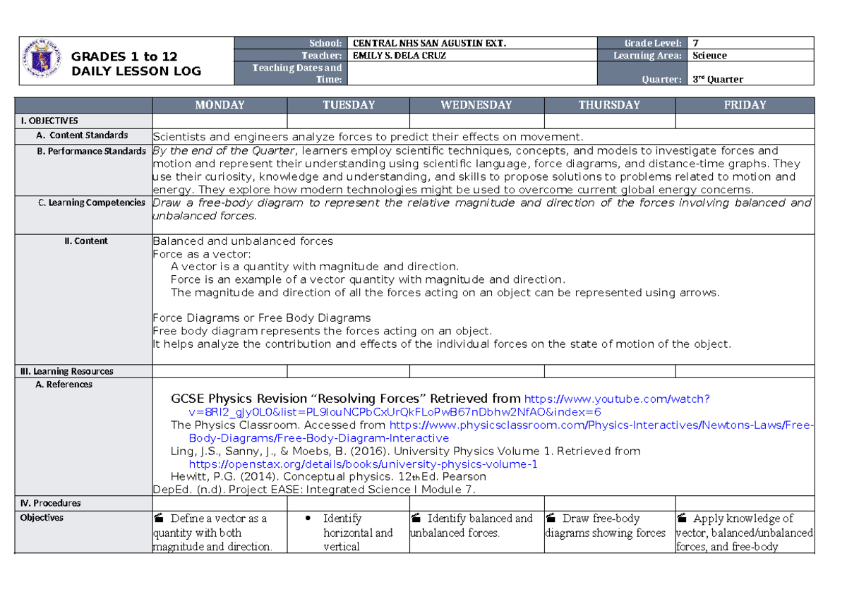 DLL Week 2-2: Daily Lesson Log for Grade 7 Science - Studocu