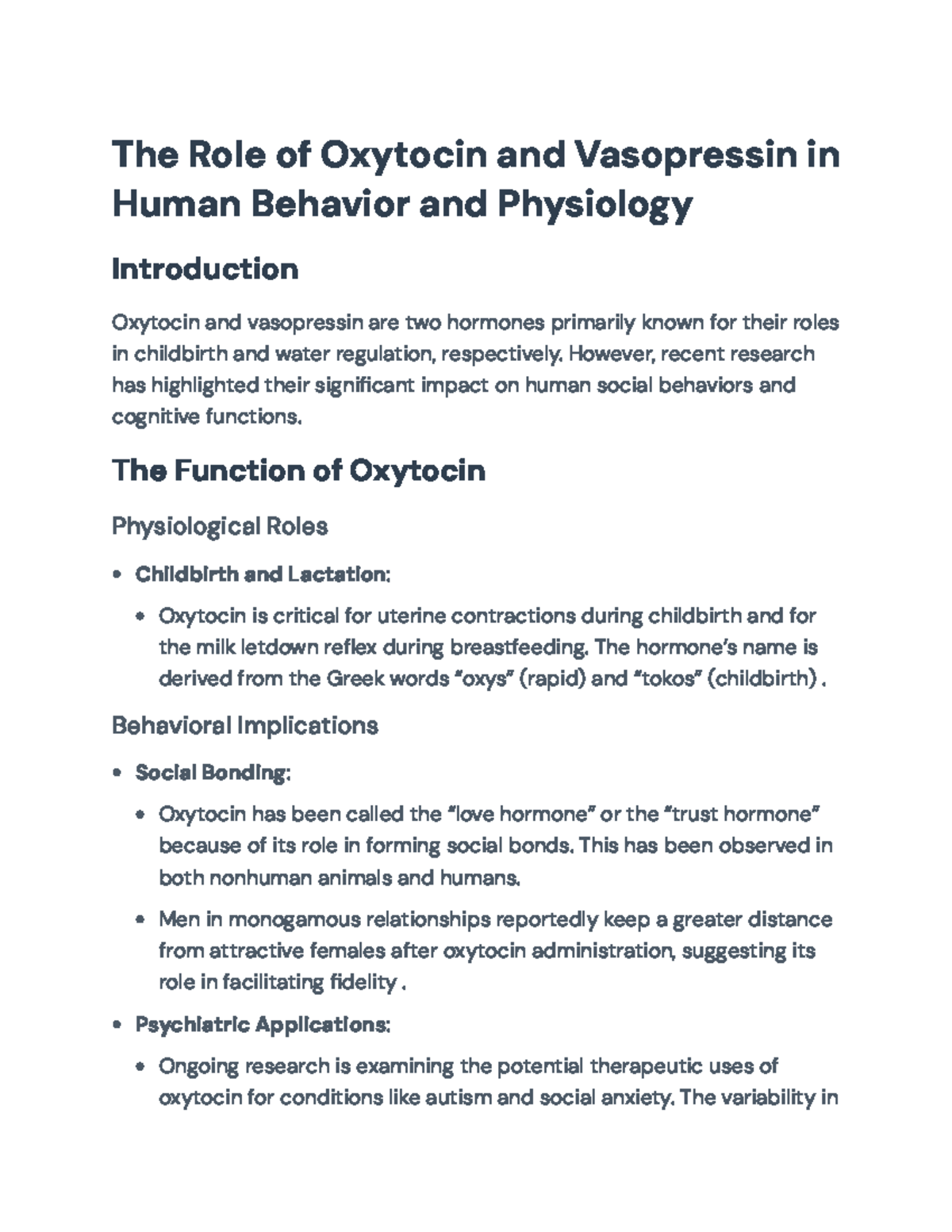 The Role of Oxytocin and Vasopressin in Human Behavior and Physiology ...