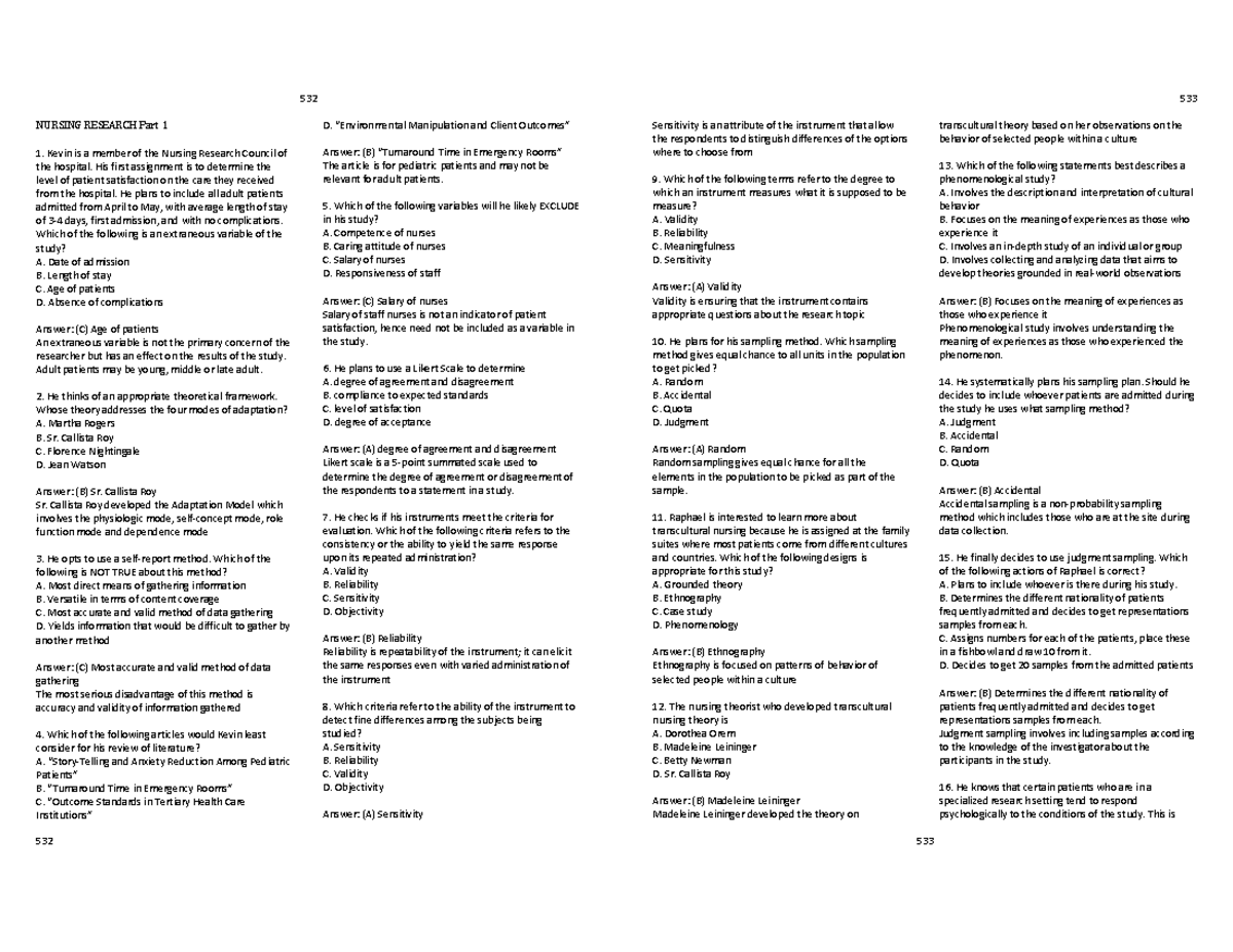 NURS 532 533 Nursing Research Practice Questions with Rationale - Studocu