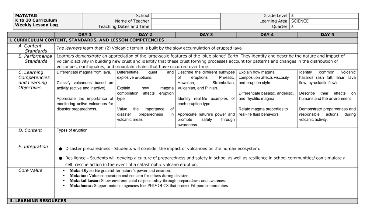 MATATAG K to 10 Curriculum: Grade 8 Science Weekly Lesson Log (Week 3 ...