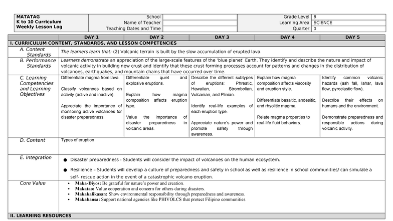 MATATAG K to 10 Curriculum: Grade 8 Science Weekly Lesson Log (Week 3 ...