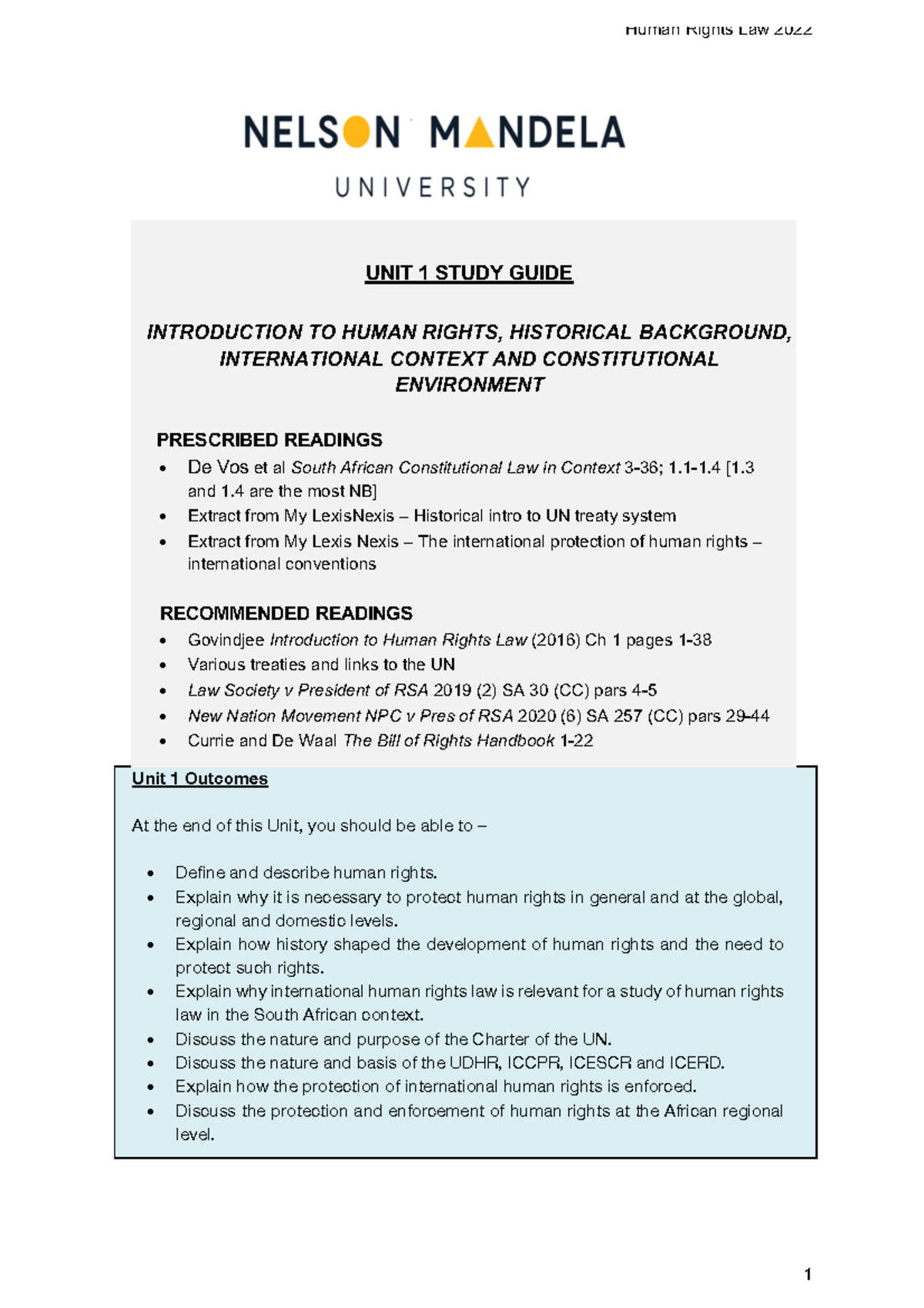 HR Law 2022 Study Guide: Understanding Human Rights - Unit 1 - Studocu