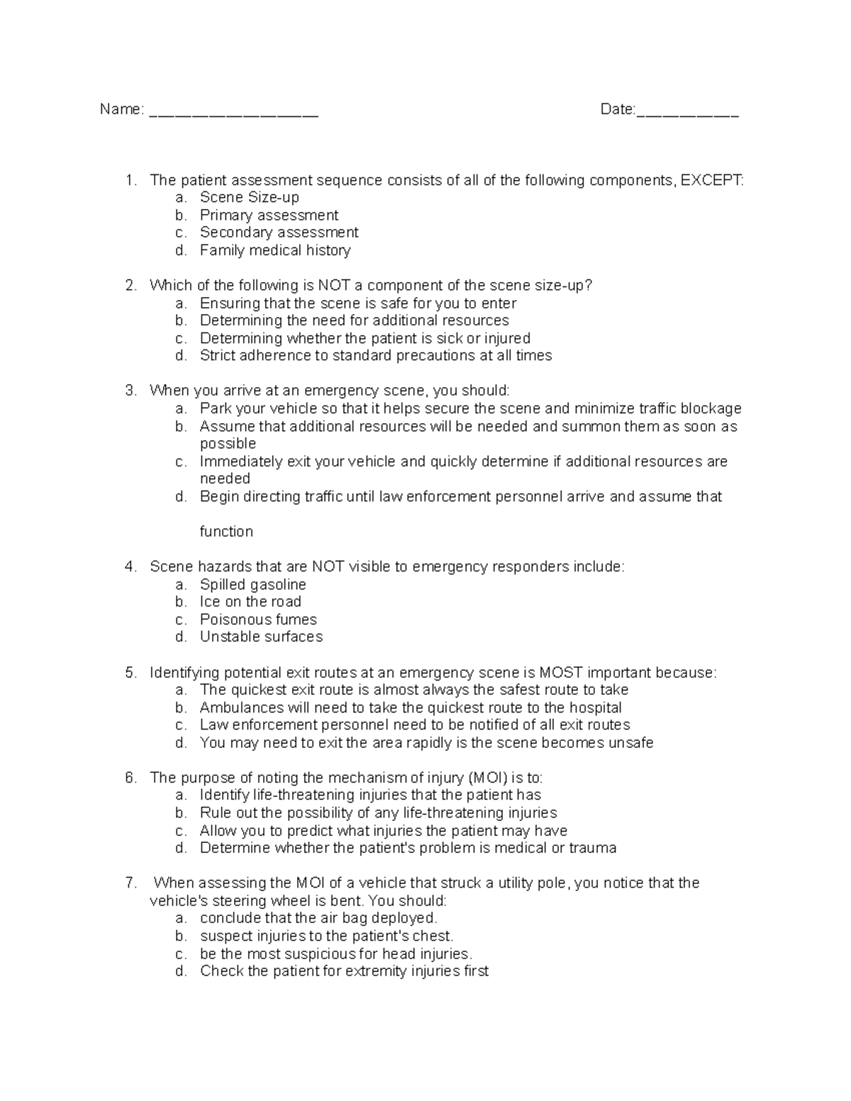 EMR - Patient Assessment Sequence Practice Test - Studocu
