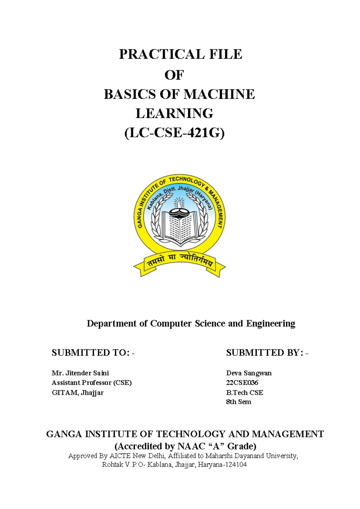B.TECH CSE 8th Sem: Practical File on Machine Learning Techniques - Studocu