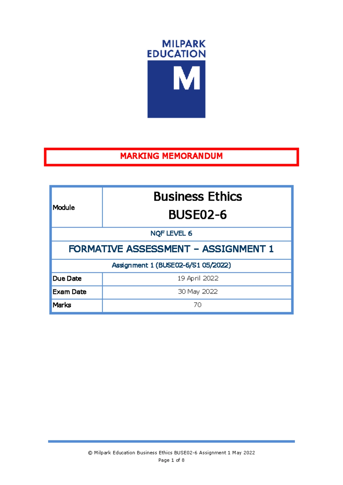 Business Ethics NQF Level 6 Formative Assessment - April 2025 - Studocu