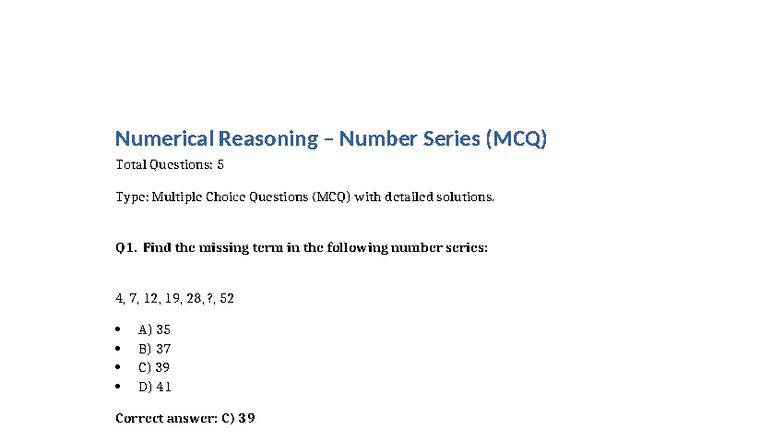 Numerical Reasoning MCQ: Number Series Solutions (5 Questions) - Studocu