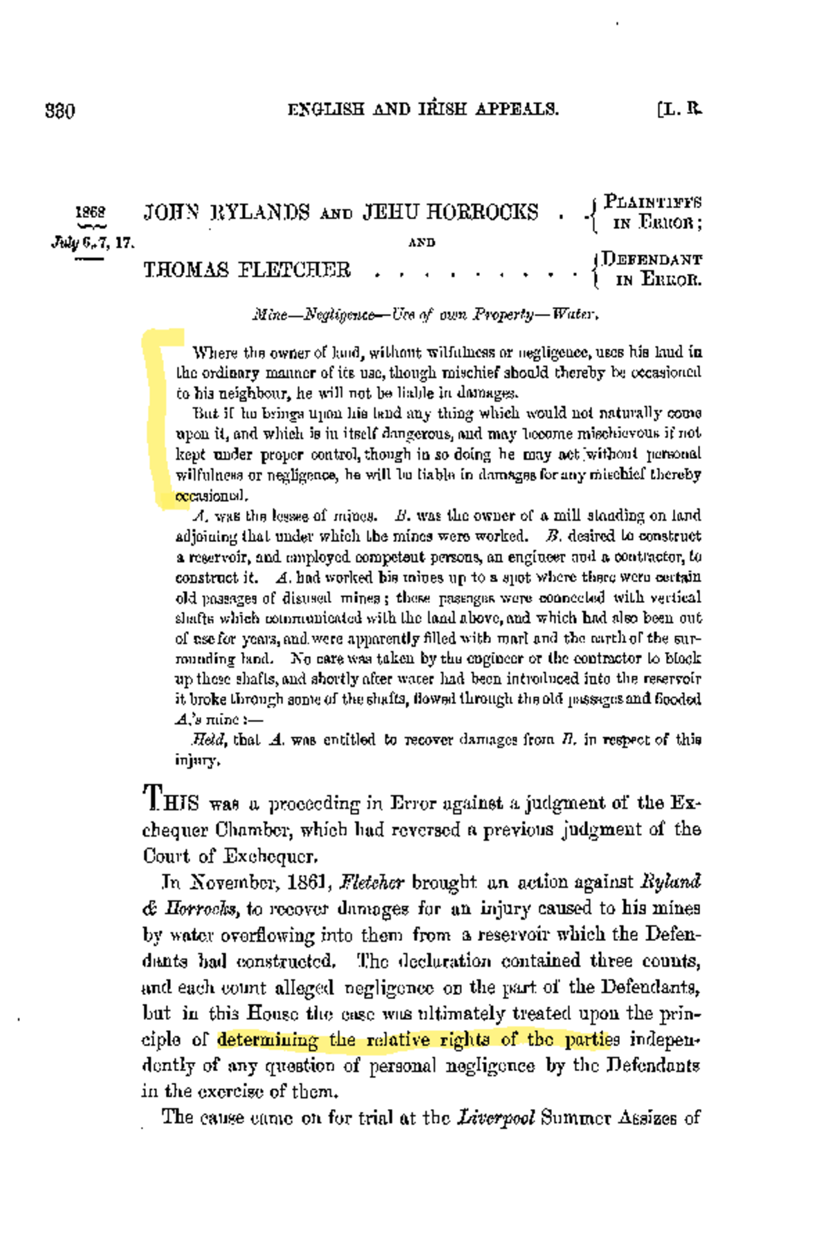 Rylands vs Fletcher - Tort Case Study Analysis - Studocu
