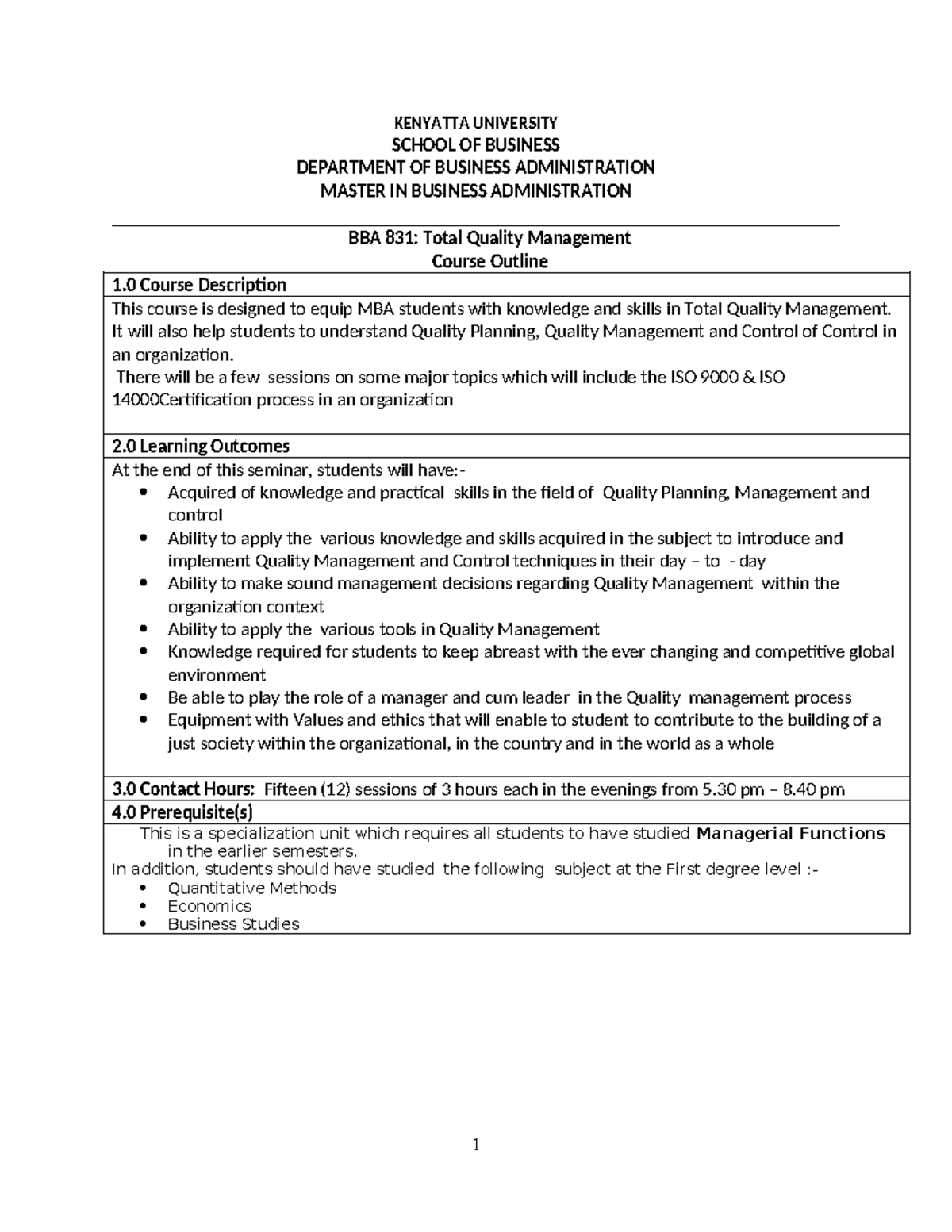 BBA 831: Total Quality Management Course Outline and Objectives - Studocu