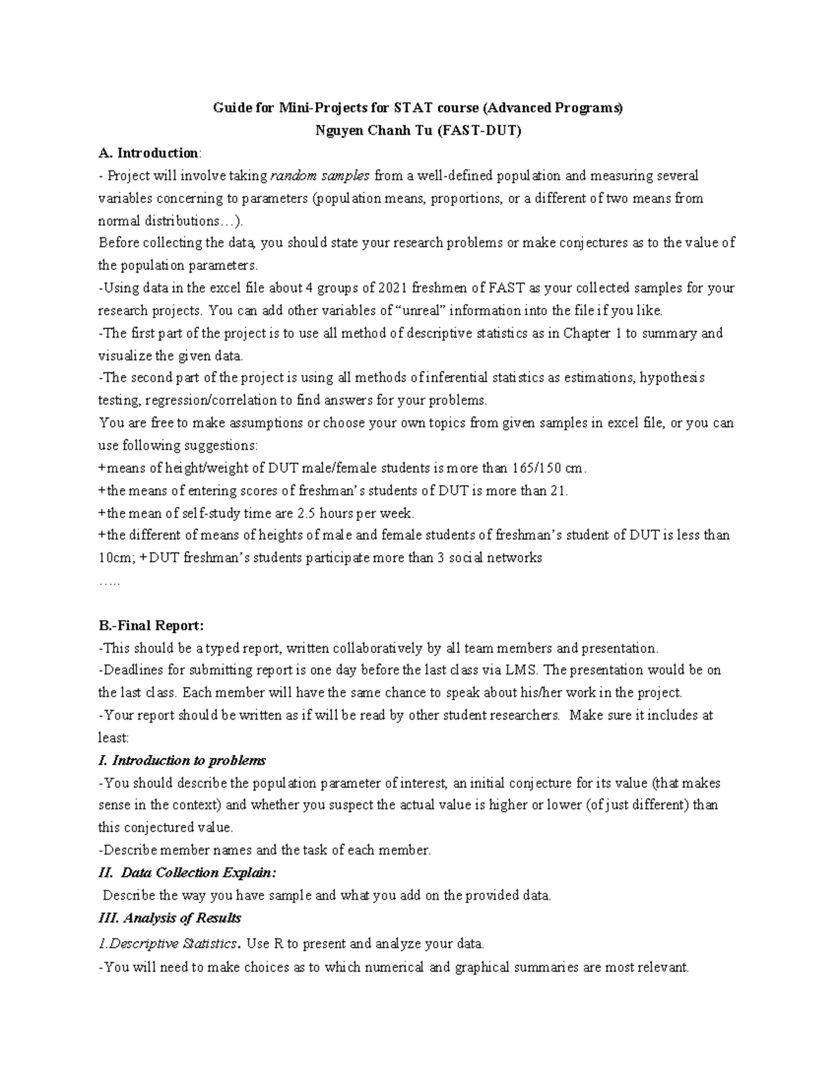 Project Guide for STAT Course (Advanced Programs) - Studocu