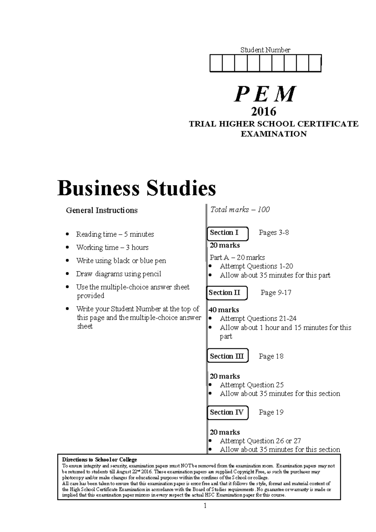 PEM 2016 Business Studies Trial HSC Exam Paper and Guidelines - Studocu