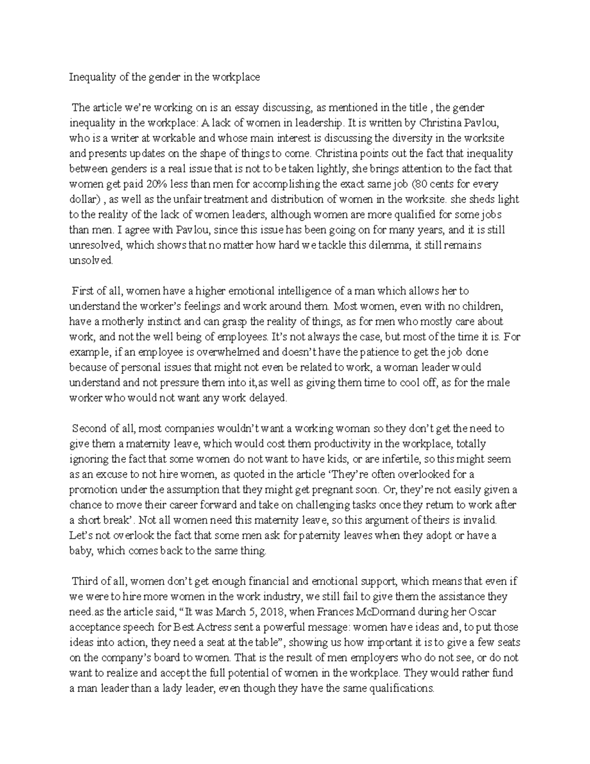 PSL ESS: Gender Inequality in the Workplace - An Analytical Essay - Studocu