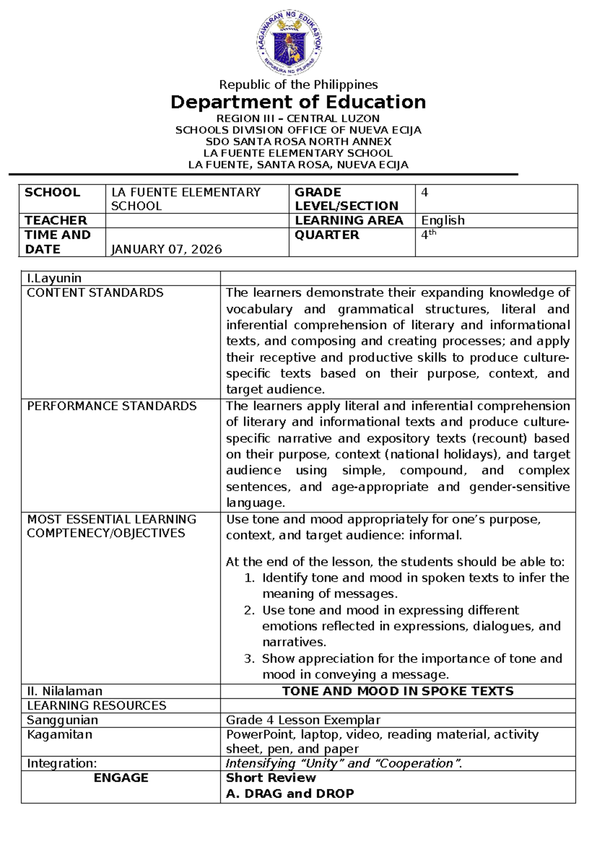 5ES English 4 Q4 W4D1 - Tone and Mood Lesson Plan - Studocu