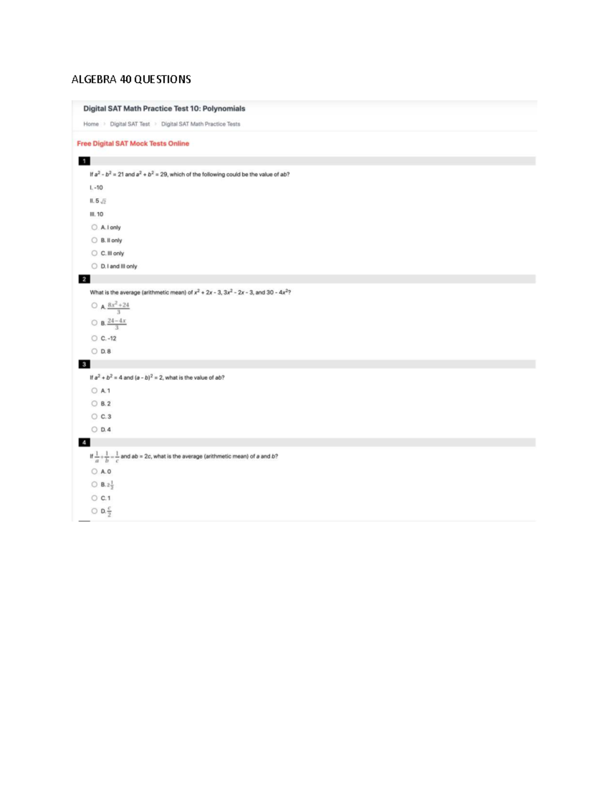 Digital SAT Math Practice Test 10: Algebra (40 Questions) - Studocu