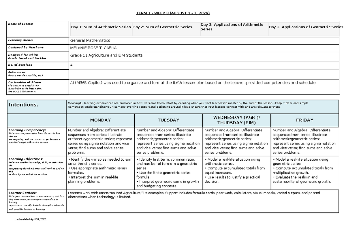 Genmath Lesson Plan: Arithmetic & Geometric Series (Grade 11) - Studocu