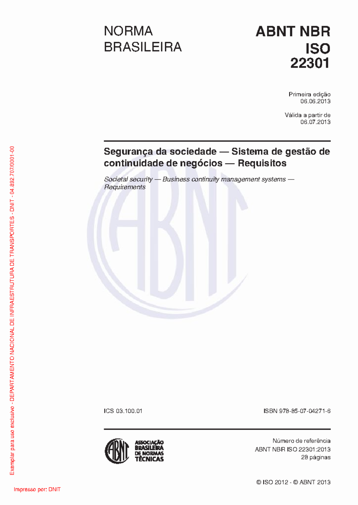 ABNT NBR ISO 22301: Gestão de Continuidade de Negócios - Requisitos - Document Preview