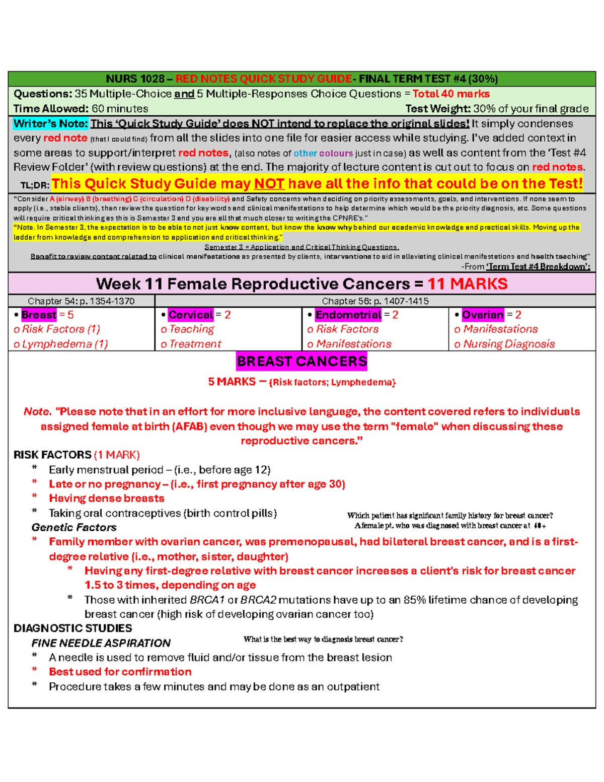 NURS 1028 - Final Exam Quick Study Guide: Key Concepts & Notes - Studocu