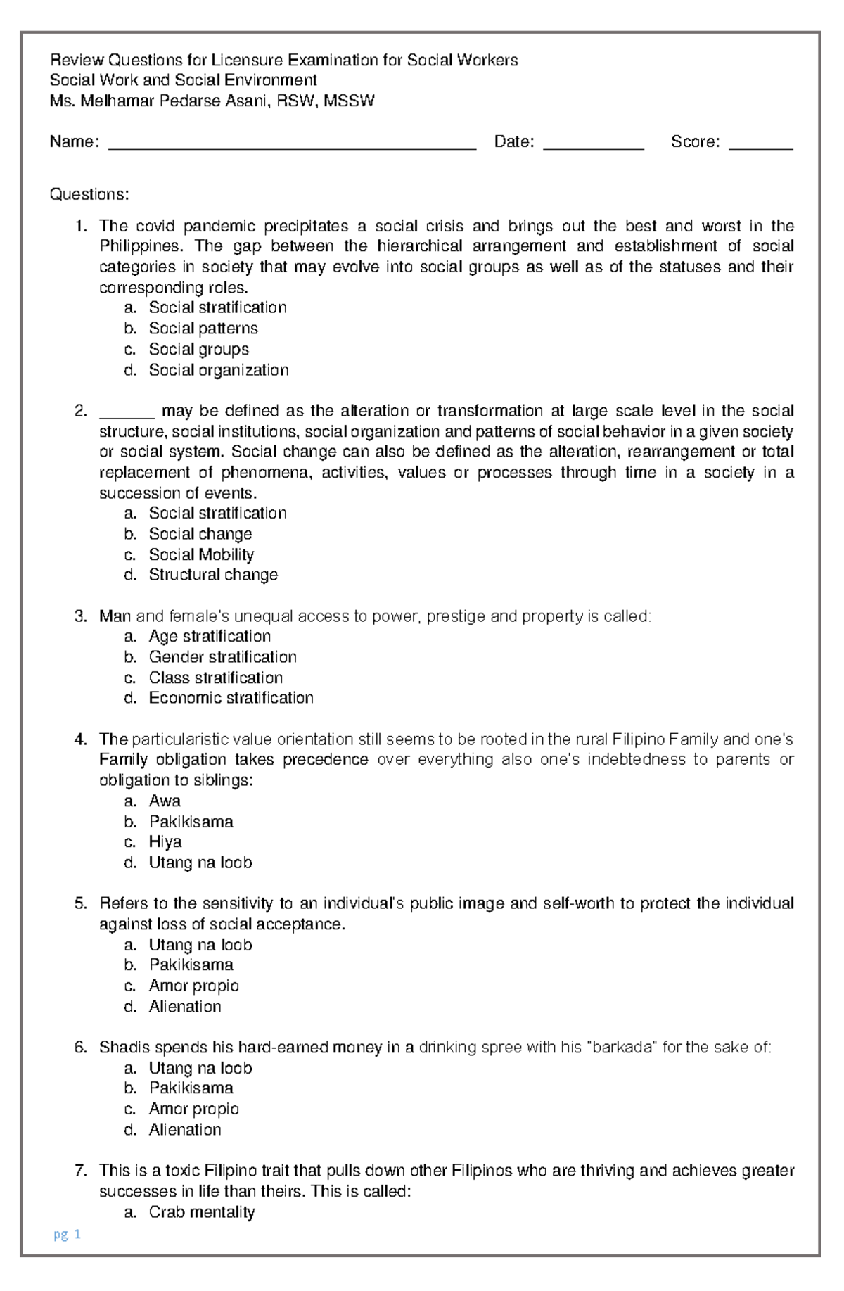 Social Work and Social Environment: Review Q&A for Licensure Exam - Studocu