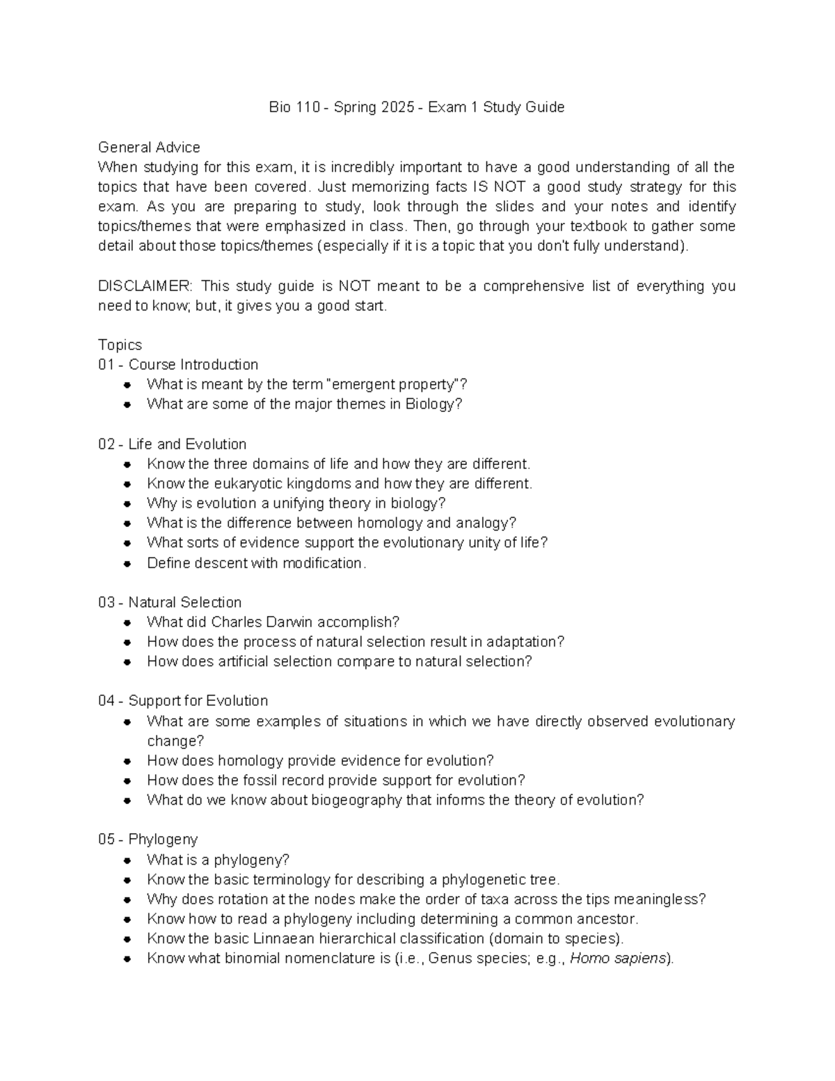 Bio 110 - Spring 2025 - Exam 1 Study Guide & Key Concepts - Studocu