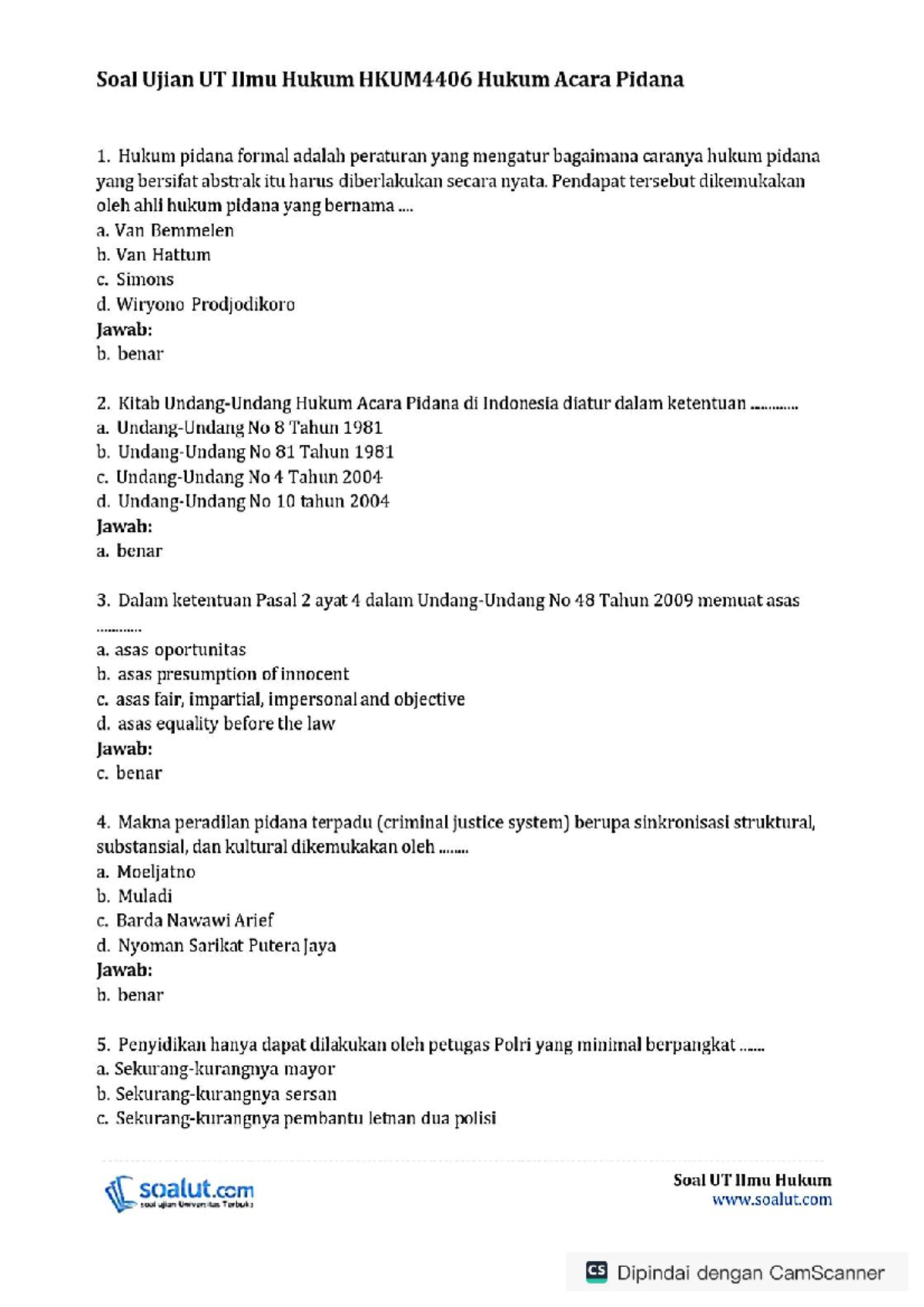 Soal Ujian UT HKUM4406: Hukum Acara Pidana dan Jawabannya - Document Preview