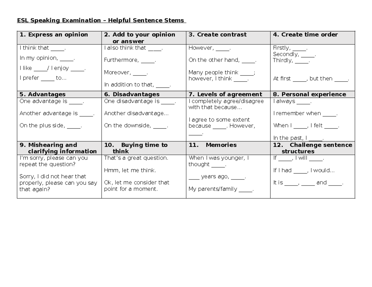 2 - English speaking sentences - ESL Speaking Examination – Helpful ...