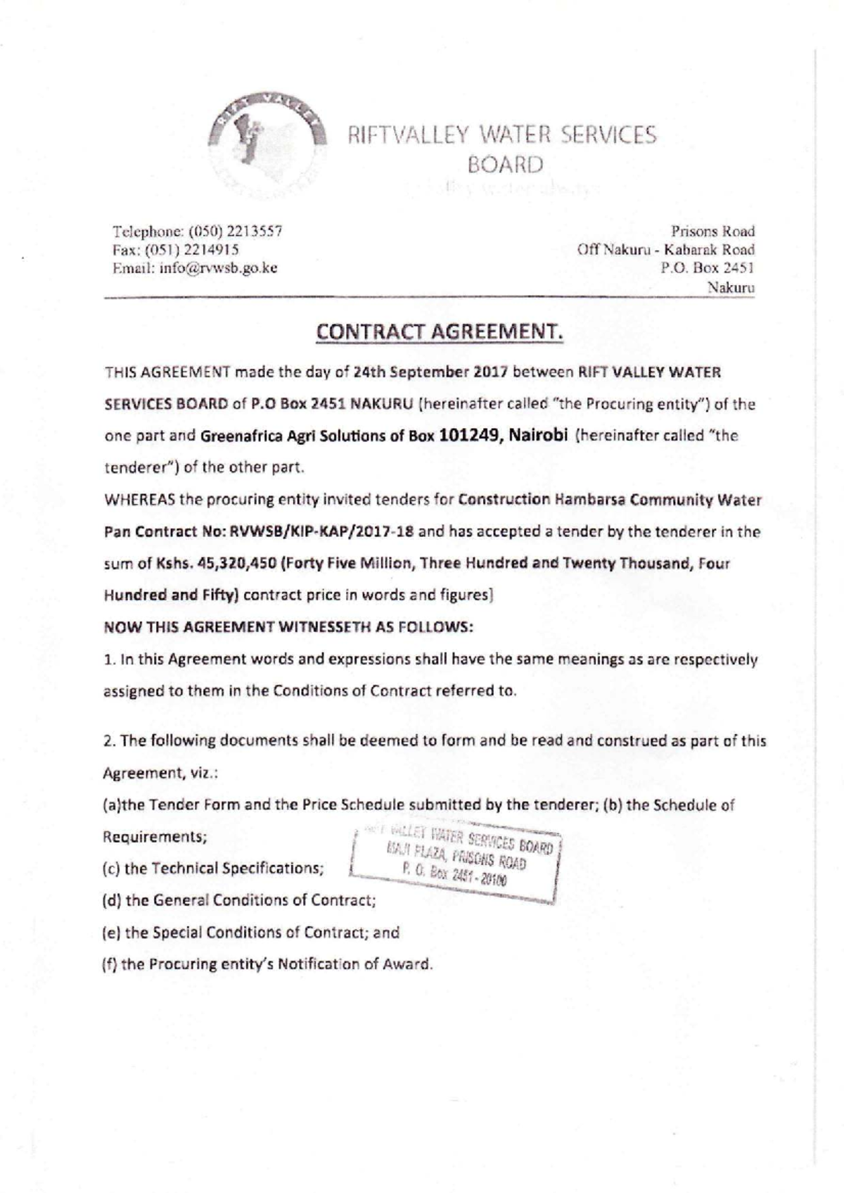 RIFTVALLEY WATER SERVICES BOARD Contract Agreement for Water Pan ...