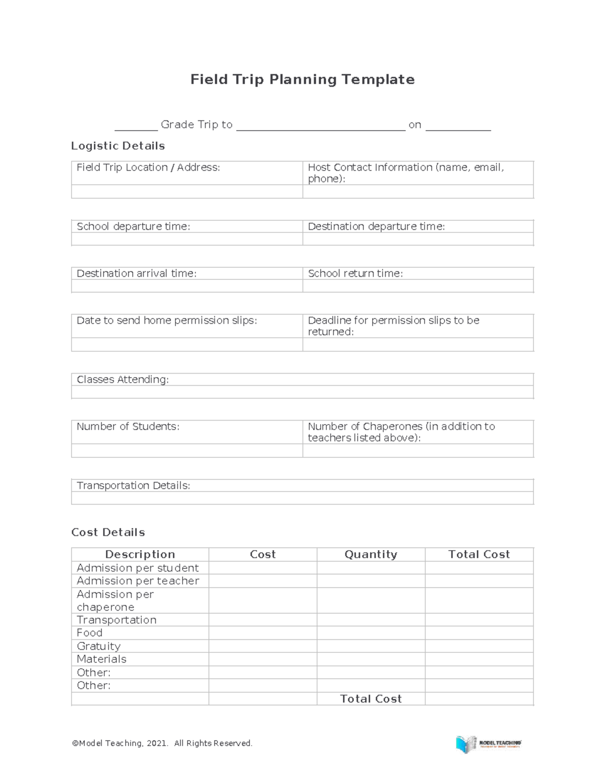Field Trip Planning Template: Logistics for Grade Trip - Studocu