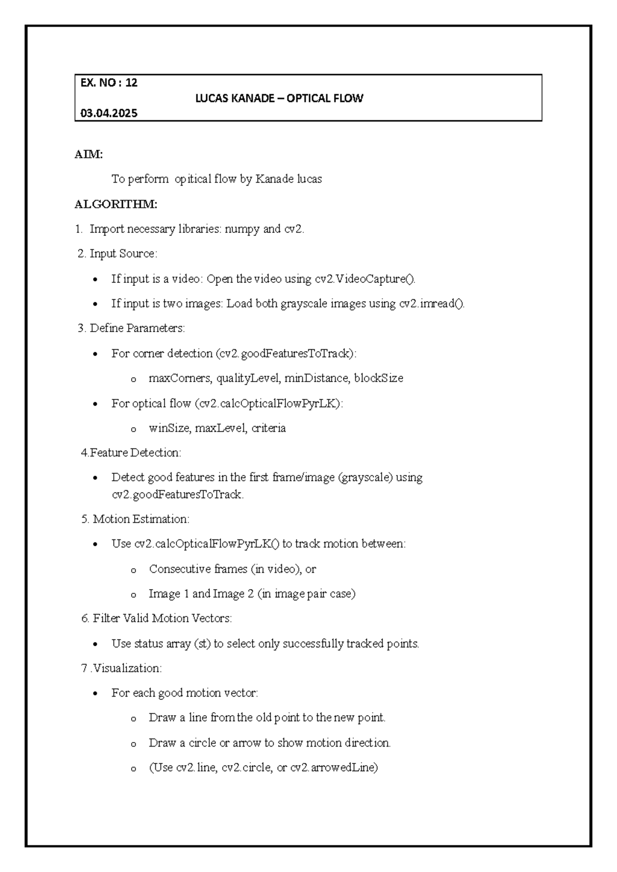 Ex. 12 - Lucas Kanade Optical Flow Implementation Guide - Studocu
