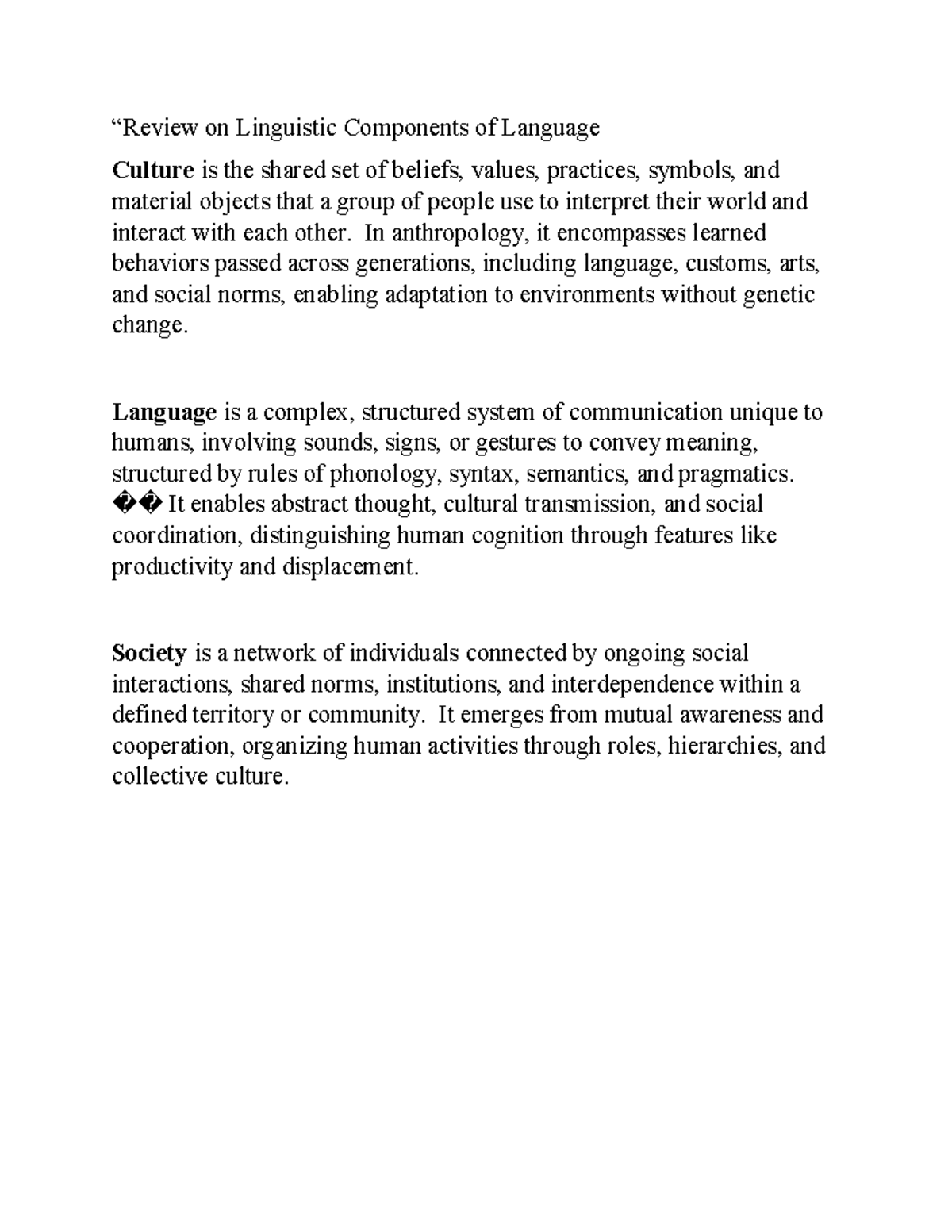 Review on Linguistic Components of Language (ENG 101) - Studocu