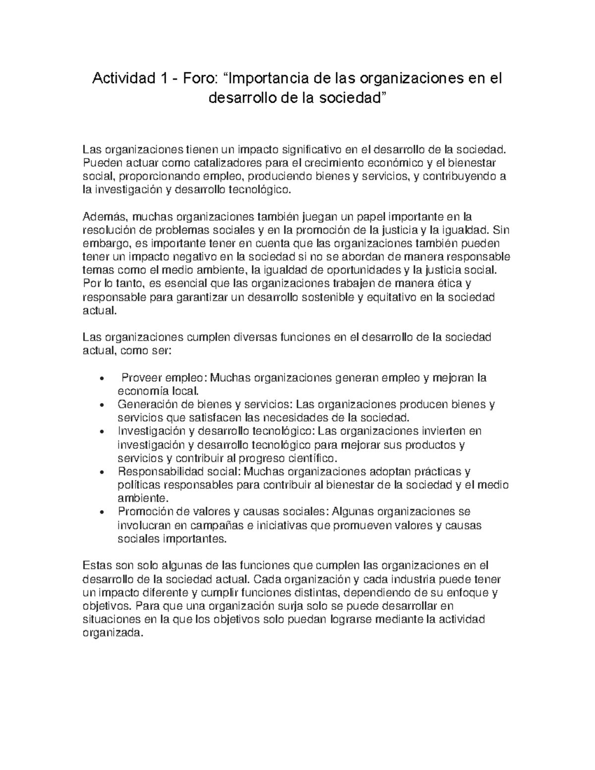 Actividad 1 - Foro: Importancia de las Organizaciones en la Sociedad ...