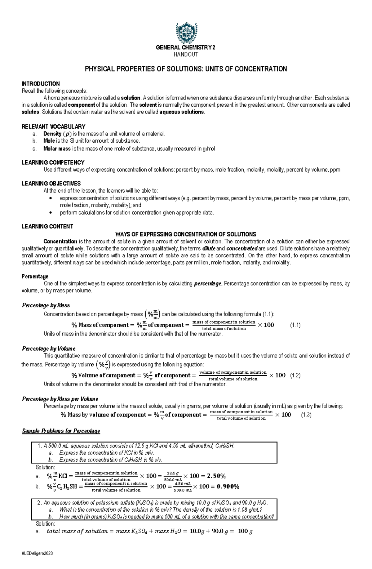 Q3-L5: Properties of Solutions & Units of Concentration Handout - Studocu