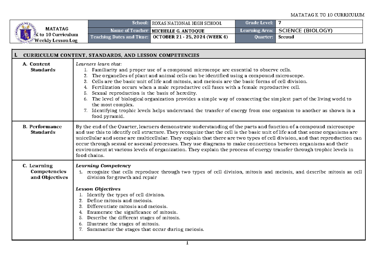 DLL Matatag Science 7 Q2 W4: Mitosis & Meiosis Lesson Log - Studocu