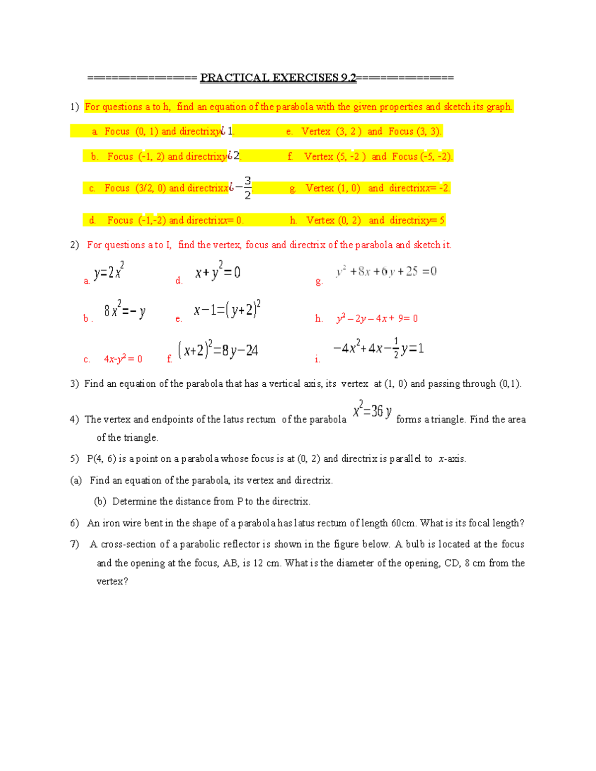 PRACTICAL EXERCISES ON CONIC SECTIONS AND STATISTICS - Studocu