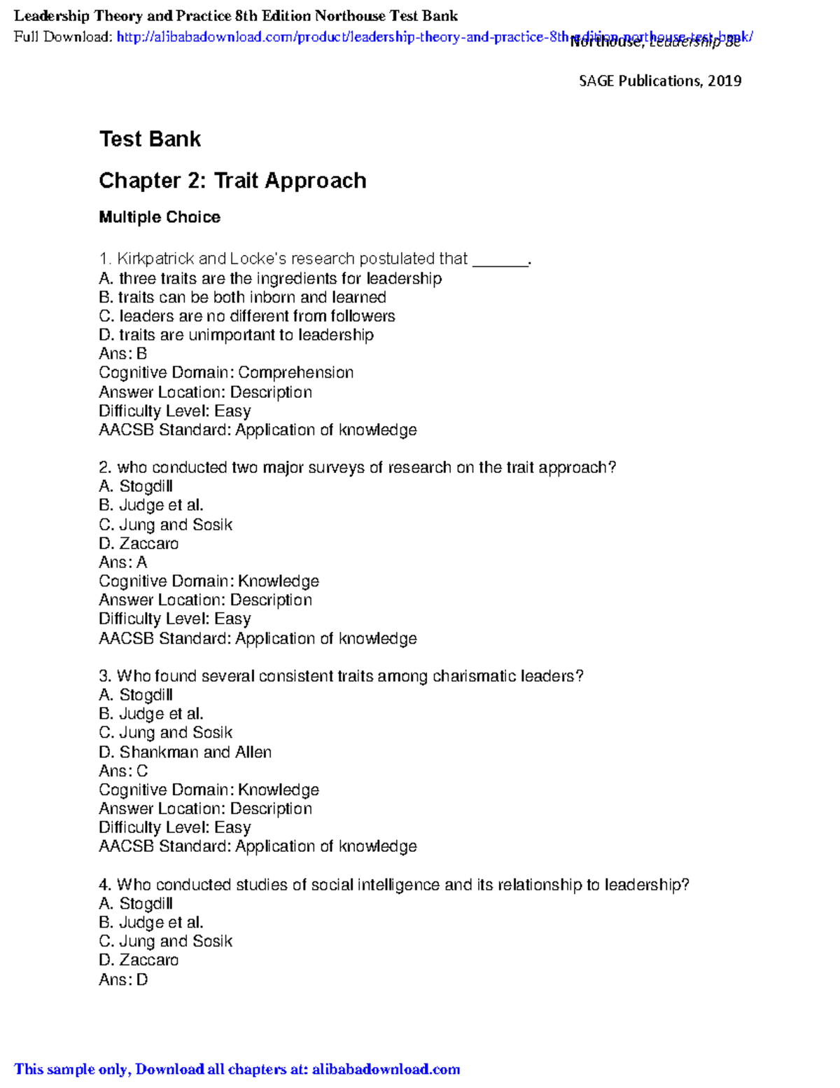 Leadership Theory and Practice 8th Edition Northouse Test Bank Notes ...