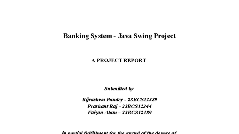 Banking System Java Swing Project Report - 23BCS12389 - Studocu