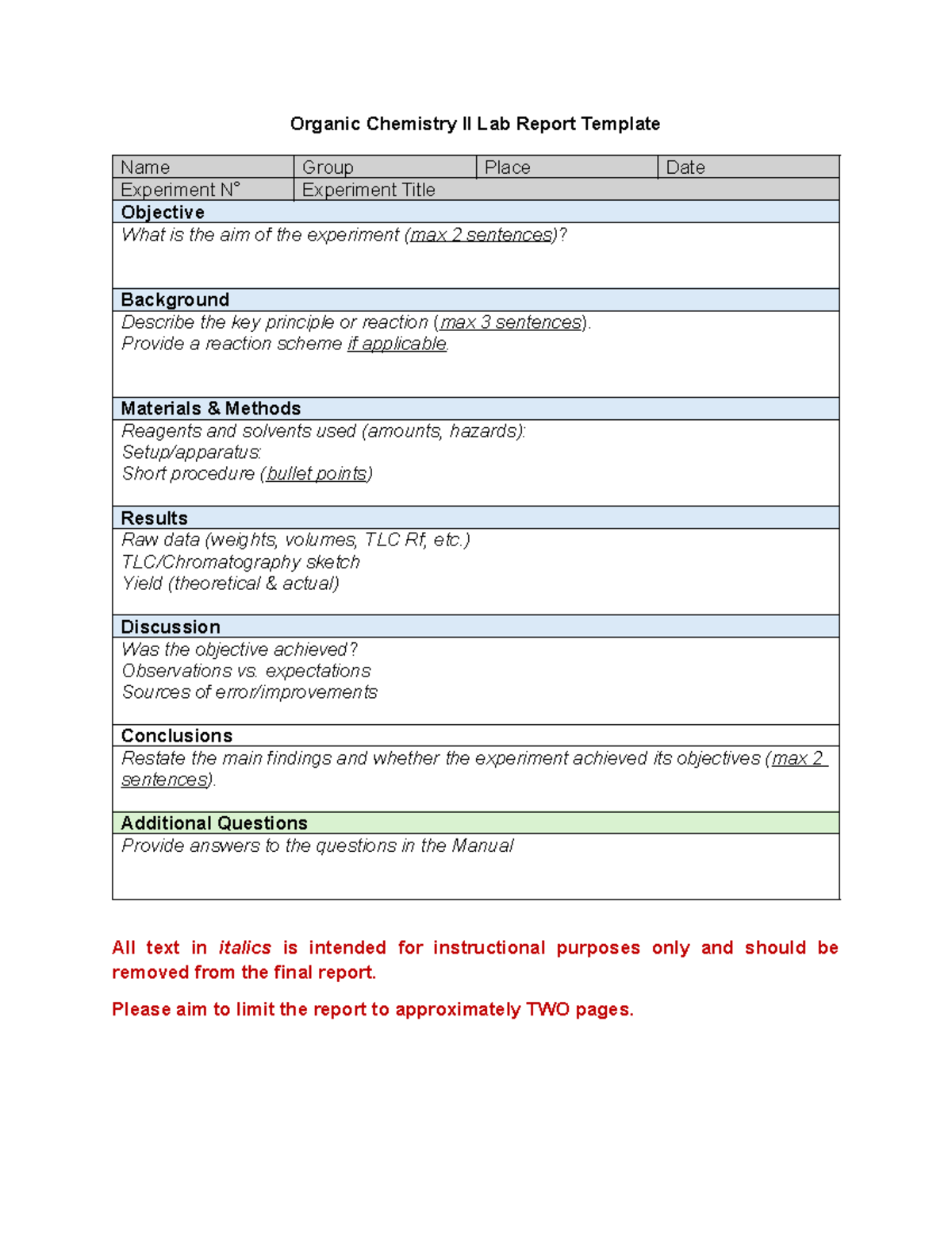 Organic Chemistry II Lab Report Template - Studocu