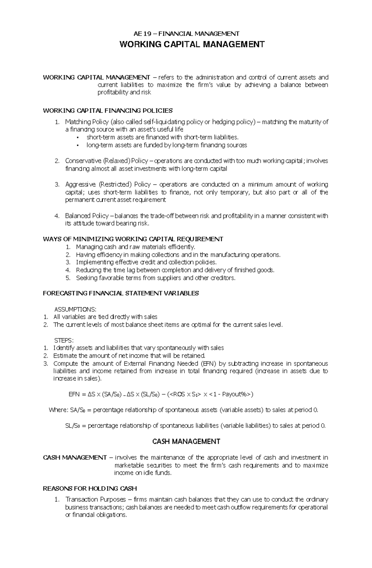 Working Capital Management - AE 19 – FINANCIAL MANAGEMENT WORKING ...