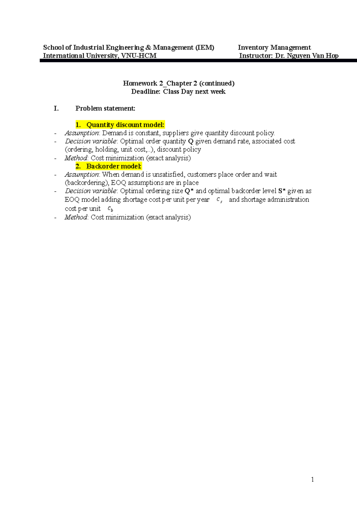 Homework 2: Inventory Management Practice in IEM Class - Studocu