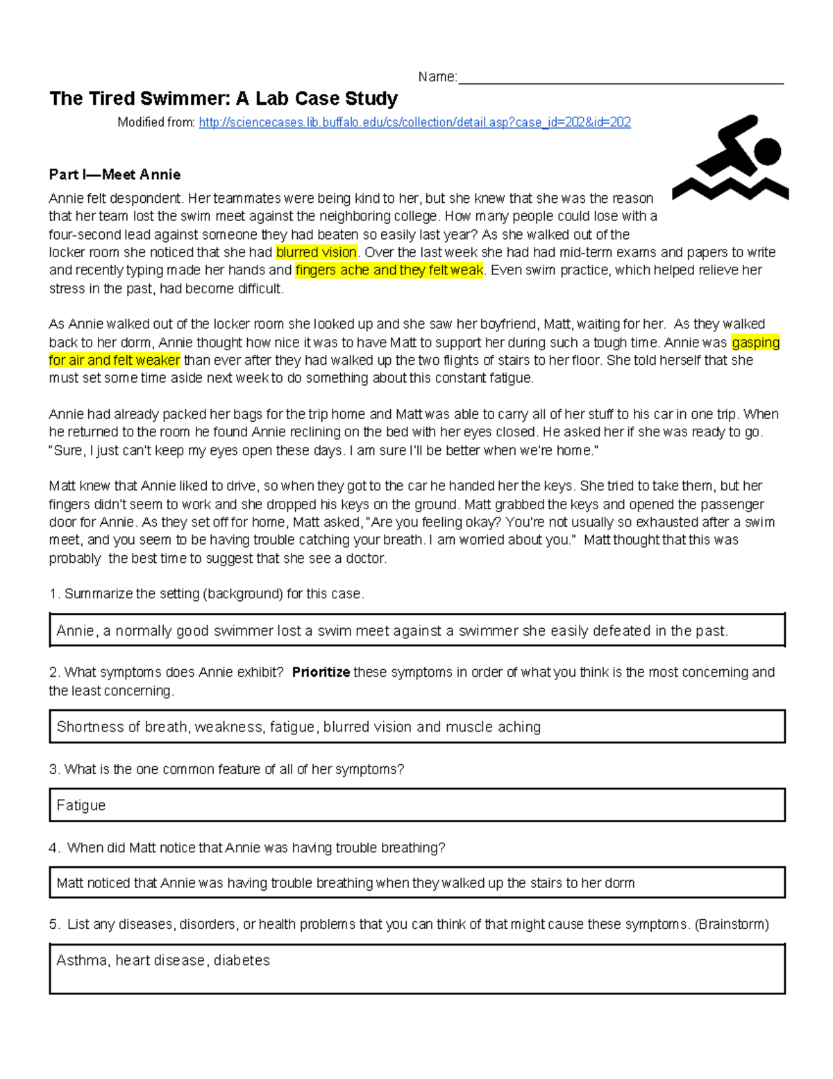 Case Study - The Tired Swimmer neurology lab - Name