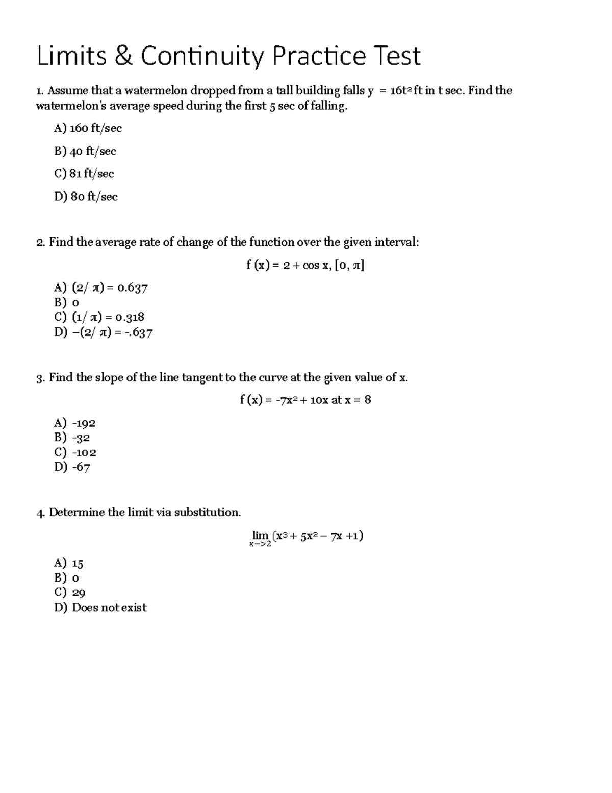 Calculus-1 Practice Key for Summer Packet with Detailed Solutions - Studocu