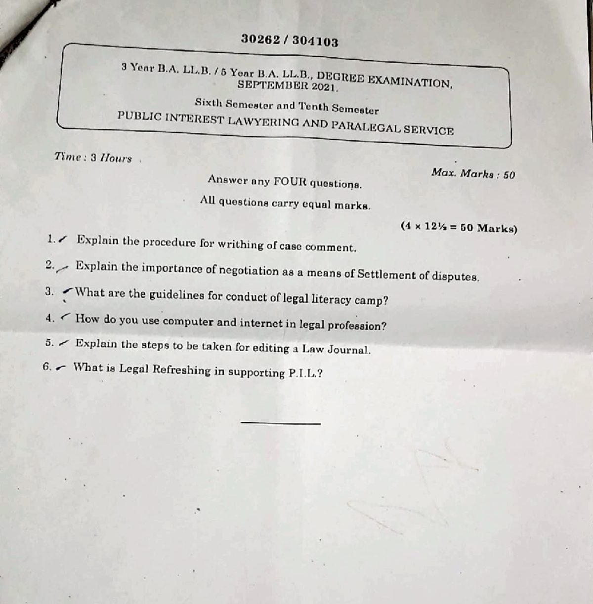 6th Semester B.A. LL.B. Exam Papers - September 2021 - Studocu