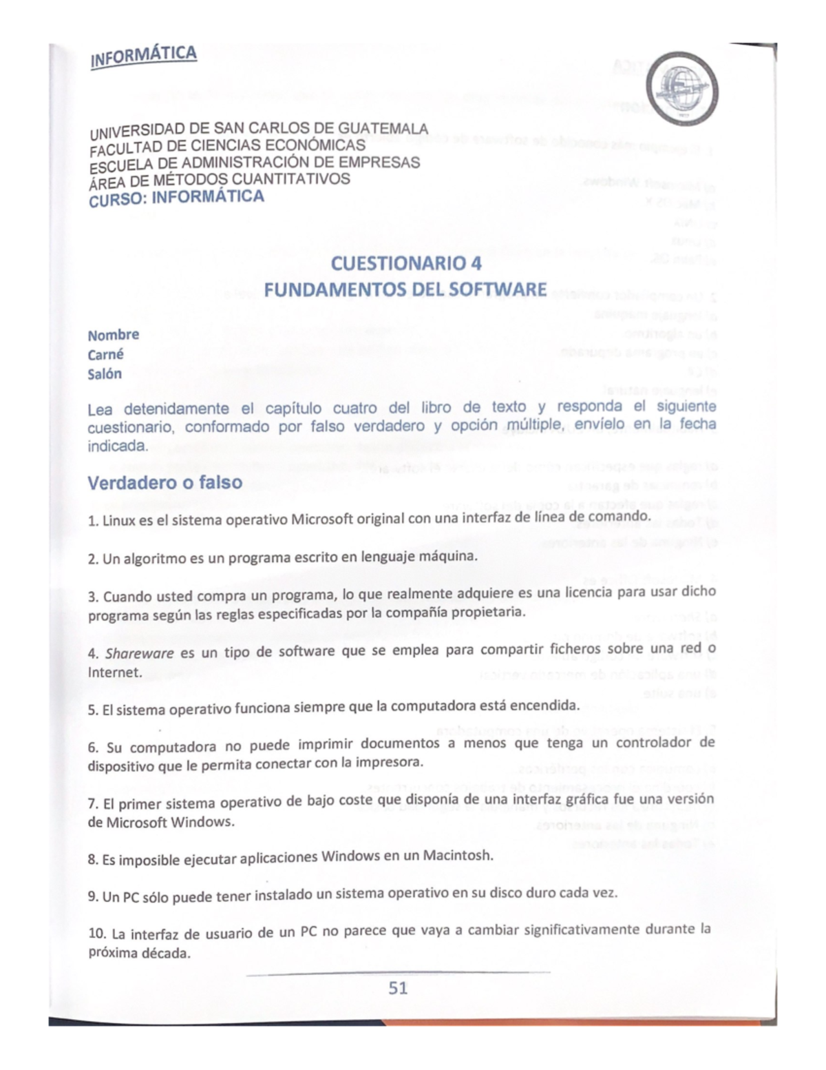 CUESTIONARIO DE INFORMÁTICA - CURSO:  INFORMÁTICA - UC 4, 7, 9, 8, 12 - Document Preview