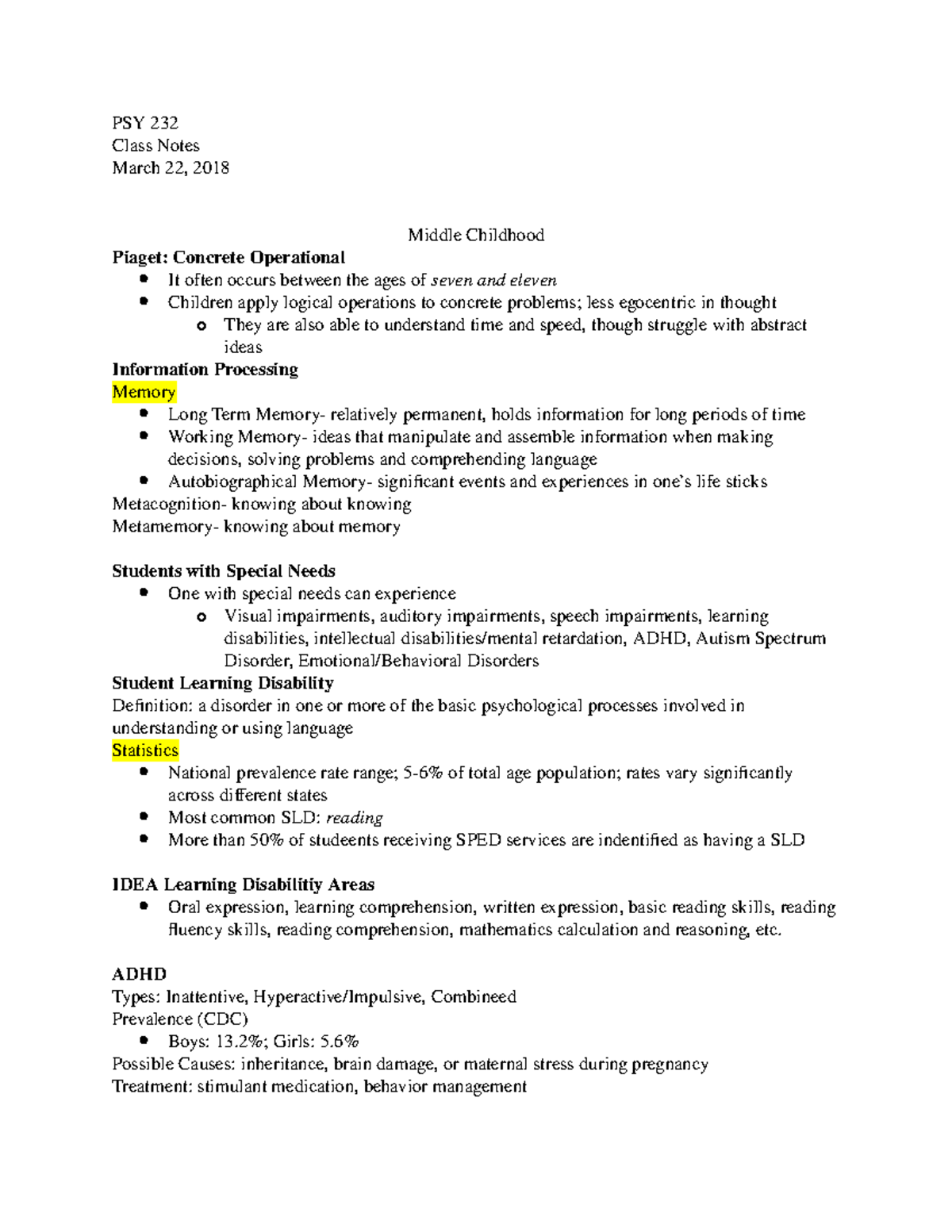 PSY232 0003 March 22 - Professor Susan Rattan; Semesterly Note Taker ...