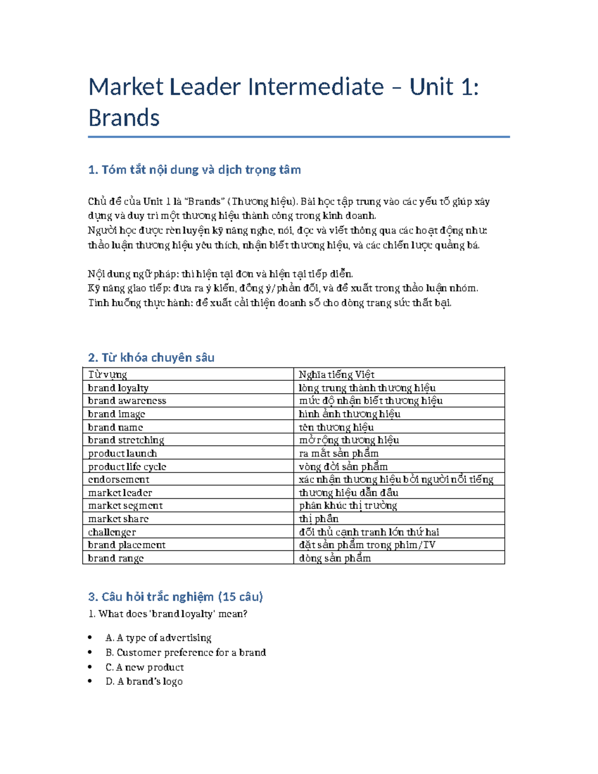 Market Leader Intermediate – Unit 1: Brands Overview and Quiz - Studocu