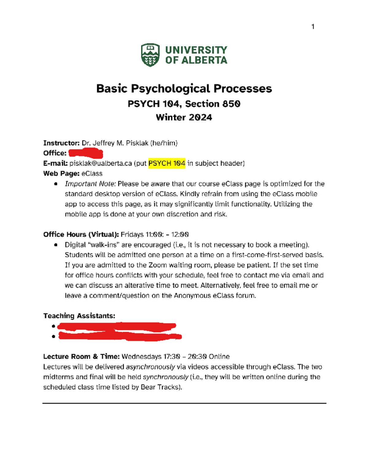 Psych 104 Syllabus: Basic Psychological Processes - Winter 2024 - Studocu