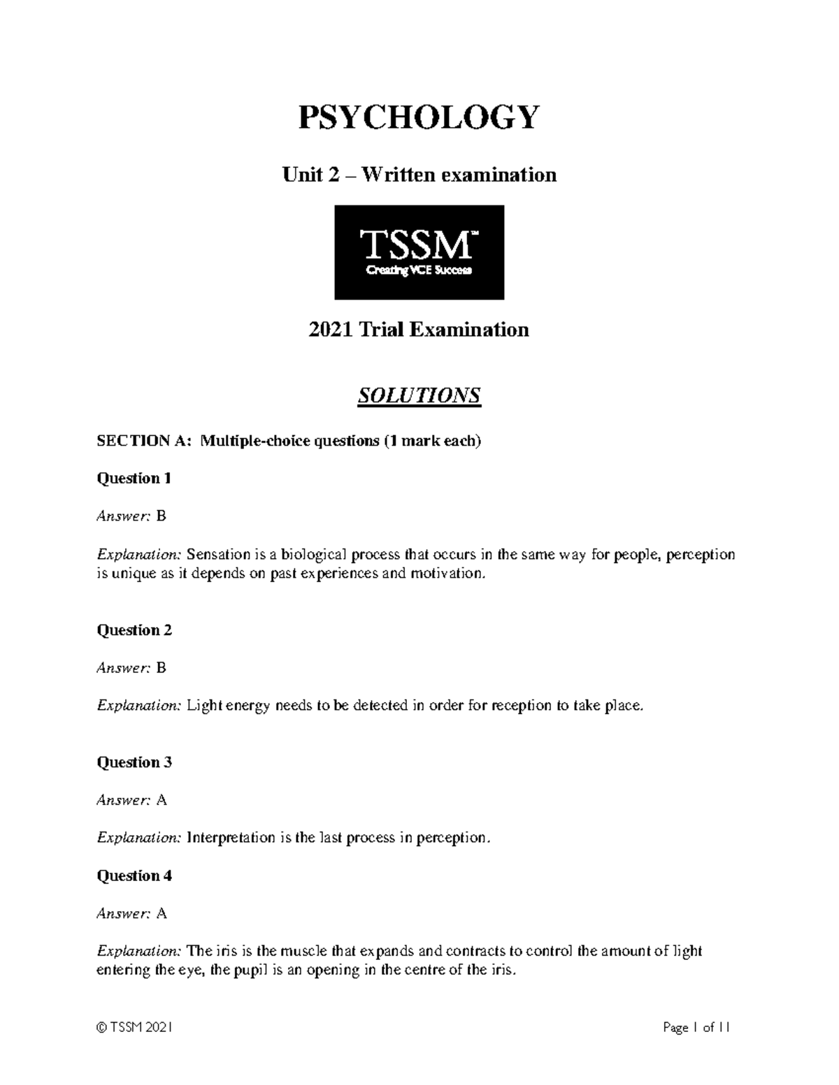 PSYCHOLOGY Unit 2 2021 Trial Exam Solutions and Explanations - Studocu